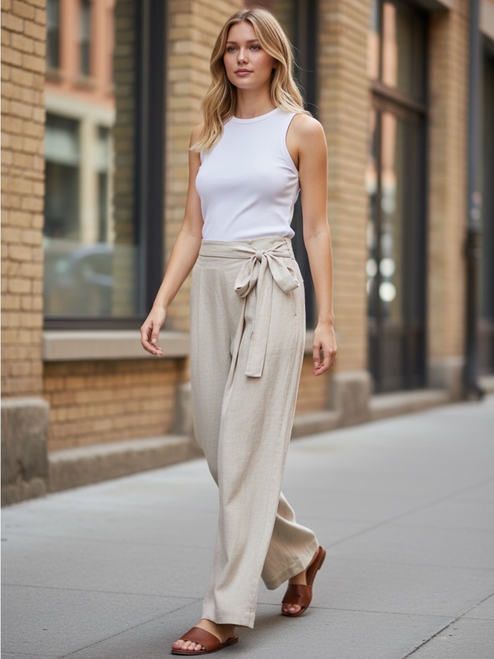 Zara Tie-Waist Wide Leg Pants in Light Beige